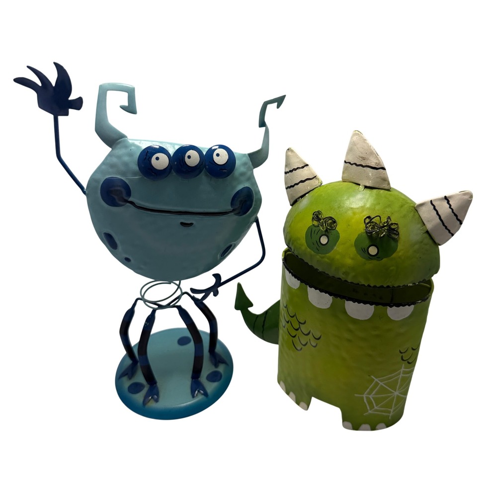 Metal Monster Figurine Set Blue Alien Green Horned Container Decor